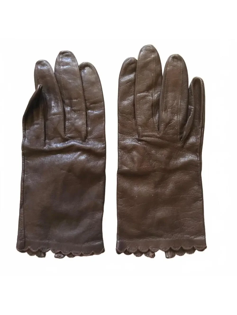 Vintage Miss Aris Brown Leather Gloves with Scalloped Edges